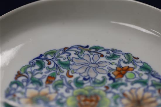 A Chinese doucai dish, Yongzheng square script mark, Qing dynasty or Republic period, D. 15.2cm